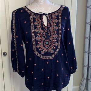 Navy embroidered beaded peasant style top